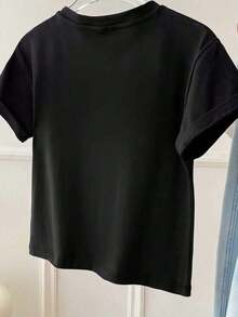 Camiseta negra con estampado de letras Soft CADENCE, ¡diseño elegante!Camiseta corta de manga corta CADENCE Letter, estilo vintage americano, informal, con estampado de verano. - Negro - Ver 2