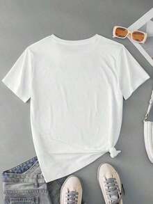 Women's Casual Short-Sleeve T-Shirt In Washed Cotton With A Round Neck And Short Sleeves Featuring A Letter Print. 100% Cotton - 白色的 - 查看 3