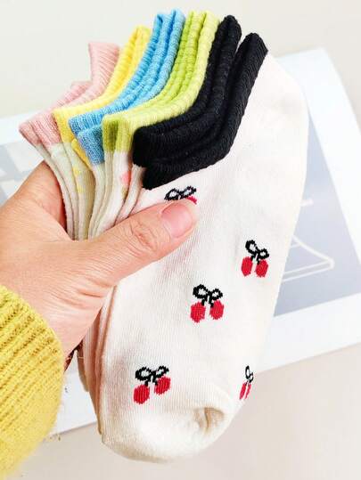 5 Pairs Women's Ankle Socks With Cute Cherry Pattern, Minimalist Ruffle Design, Comfortable White Socks In Random Colors, Suitable For All Seasons