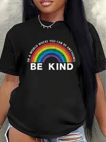 This Lightweight And Durable Short-Sleeved T-Shirt Features A Rainbow Design That Says "Be Kind," Making It Perfect For Wearing At Home, In The Office, Or Outdoors, Offering A Comfortable Everyday Wear Experience. Women's Blouses > Clothing - 黑色 - 查看 1