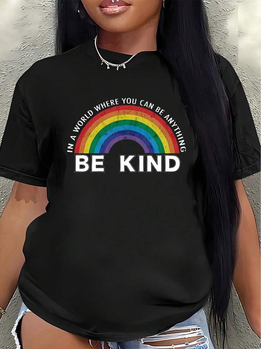 This Lightweight And Durable Short-Sleeved T-Shirt Features A Rainbow Design That Says "Be Kind," Making It Perfect For Wearing At Home, In The Office, Or Outdoors, Offering A Comfortable Everyday Wear Experience. Women's Blouses > Clothing - 黑色 - 查看 1