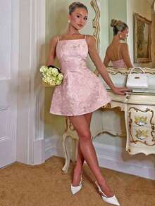 Charm Vestido sin mangas para mujer con tela jacquard metálica con flores 3D, vestido de lujo para fiestas/té con espalda hueca, sexy y elegante, para verano - Rosa 2 - Ver 12