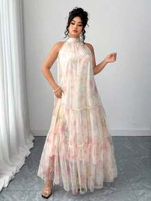 Vestido de malla floral sin mangas elegante para mujer de talla grande - Beis - Ver 3