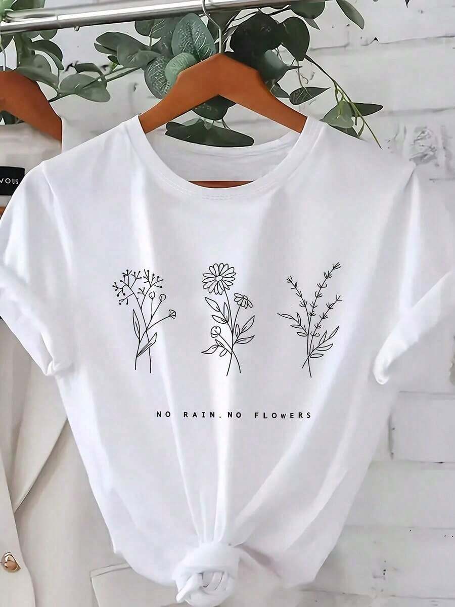 Women's Plus Size Casual T-Shirt With Floral And Letter Print - Round Neck Short Sleeve Casual T-Shirt, Comfortable For All Seasons, Washable, 100% Cotton, Durable - 白色 - 查看 1
