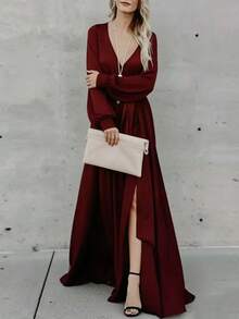 Long, Plain Dress With A Deep V-Neck, New Season European Style, Elegant, Best-Selling Women's Party Dress. - 紅色 - 查看 4