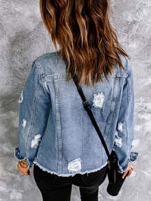 Necooer Women's Denim Jacket Old Wash Button Boyfriend Denim Jacket Jacket With Pocket - Màu xanh nhạt - Xem 6