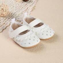 1 par de zapatos planos de princesa con encaje de unicolor, lindos y antideslizantes, para recién nacidos e infantes, adecuados para primavera y otoño - Blanco - Ver 6