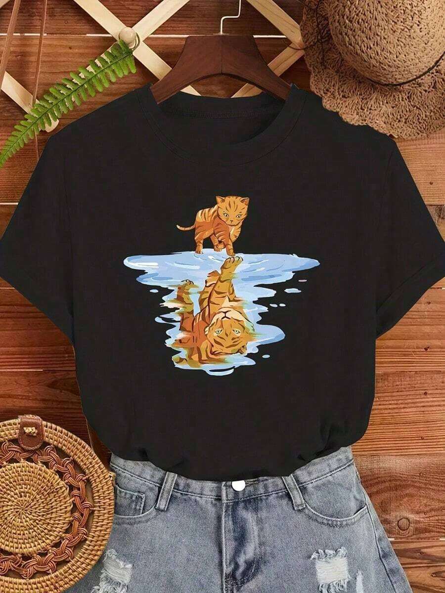 Women's T-Shirt With Kitten And Tiger Print, Soft Crew Neck, Summer Casual, Breathable Stretch Fabric, Perfect For Casual Outfits, Holiday Gifts And Everyday Style, Festive Gift T-Shirt With Fun Design - 黑色 - 查看 1