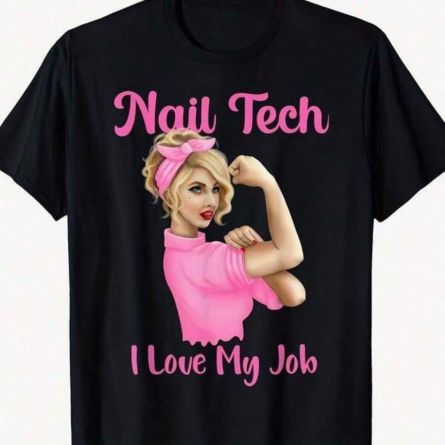 Camiseta unisex de manga corta, Camiseta de técnico de uñas con la frase "I Love My Job Cute Nail Studio Technician", camisetas para hombre, Spiderman, , camisetas para mujer, Romwe para hombre, boho chic, regalos para maestros, camisetas para mujer, ropa curvy para hombre, y2k. - Negro - Ver 1