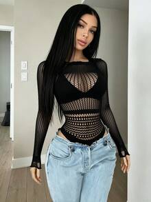 Women's Sexy Lingerie Long Sleeve Fishnet Jumpsuit, Elastic Sheer Round Neck Tight Jumpsuit Top, Clubwear - Black - View 1