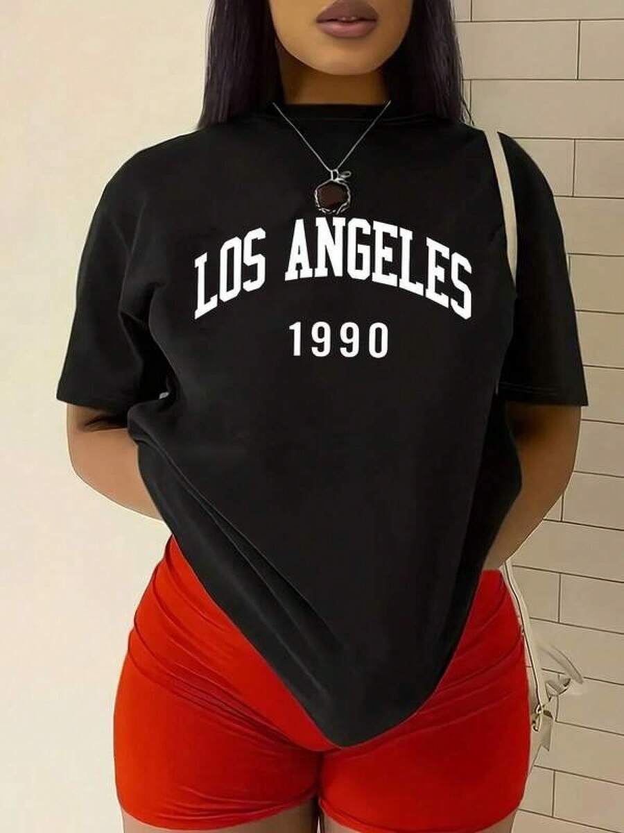 Camisetas Para Mujer AlgodónCamiseta urbana negra Los Angeles moda 1990 casual moderna estilo relajado para mujer y adolescentes versátil todo el año S-M-L camiseta gráfica popular en . mundial 2026 - Negro - Ver 1