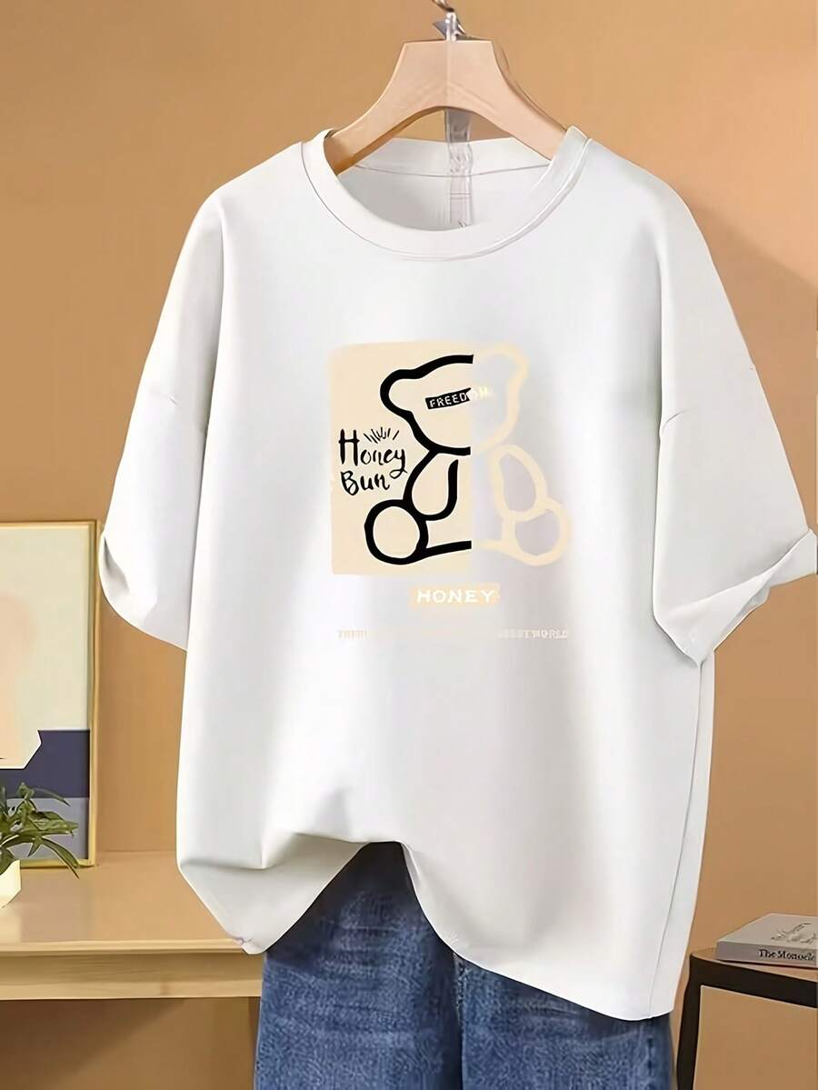 Modern And Minimalist Clothing Of Excellent Quality On  - Women's Casual Sport Style T-Shirt, Short Sleeve, Made Of Sweat-Absorbing Fabric, Combined With A Printed Design, Modern And Versatile For Sports, Casual Daily Wear And Various Occasions, Casual Women's Top For Everyday Wear. - 白色 - 查看 1