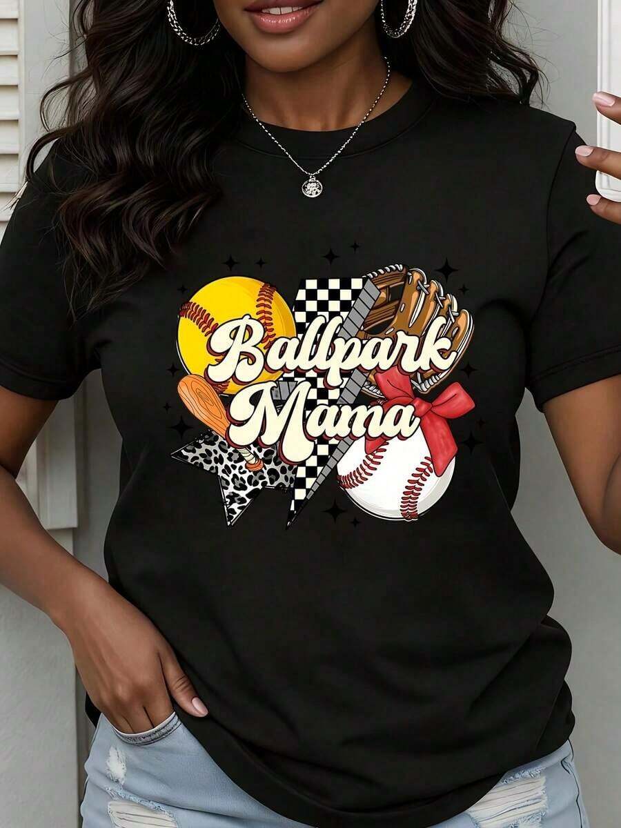 Women's Crew Neck T-Shirt, Baseball And Softball Design "Ballpark Mama", Short Sleeve For Casual Outings And Sporting Events, Casual Blouses For Ladies - 黑色 - 查看 1