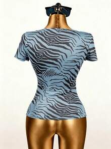 Sexy Summer Women's Top, Printed Mesh Short Sleeve Top, Women's Concert Performance Outing Top Casual - Baby Blue - View 4