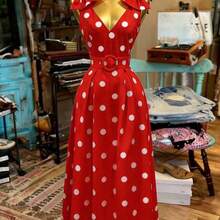 Nana's Women's Clothing Store  Vestido elegante de mujer con decoración de lazo a lunares para fiestas navideñas y de Año Nuevo - Rojo - Ver 4