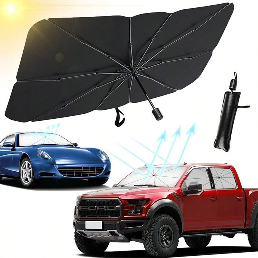 FLYANT Car Accessories Car Windshield Sun Shade Umbrella, Reflects UV Rays And Protects Dashboard From Sun, Foldable Car Shade Front Windshield, Suitable For Various Vehicle Models SUV, Off-Road Vehicle, Truck, Truck, For (55x31 Inches) Car Accessories - 黑色 - 查看 1