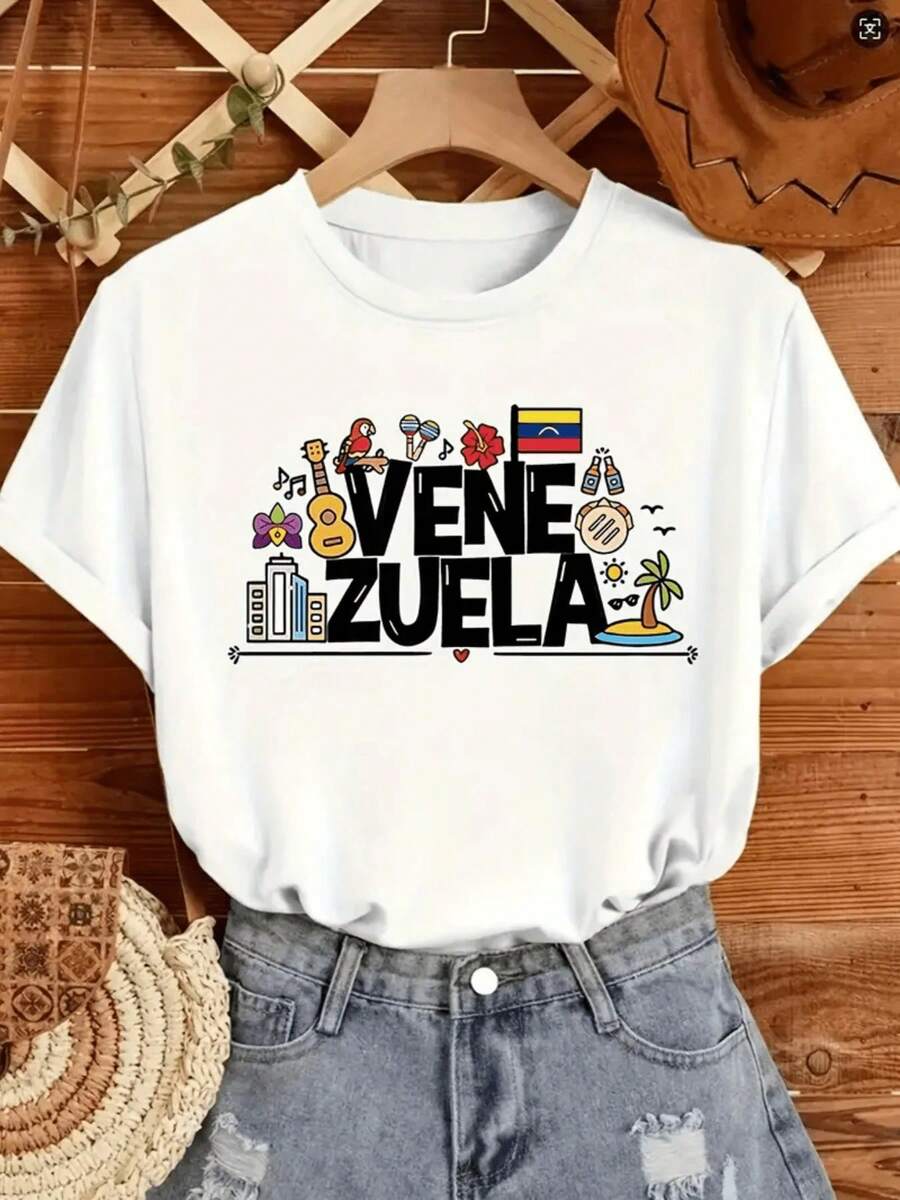 Motivos coloridos que celebran la cultura venezolana con guitarra flores bandera y símbolos tropicales llena de alegría camia para mujer 100% algodón cómoda y casual Adecuado como regalo. playera de mujer. blusas>elegantes. boho chic,Top de mujer suave, transpirable y cómodo, ideal para primavera, verano y otoño, perfecto para vacaciones, viajes y uso diario. - Blanco - Ver 1