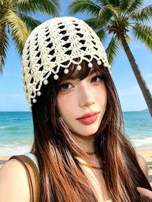 1件純白色鏤空網格骷髏帽，波浪邊浮珠流蘇帽，透氣波希米亞風頭飾，適合海灘露營度假旅行 - 彩色 - 查看 6