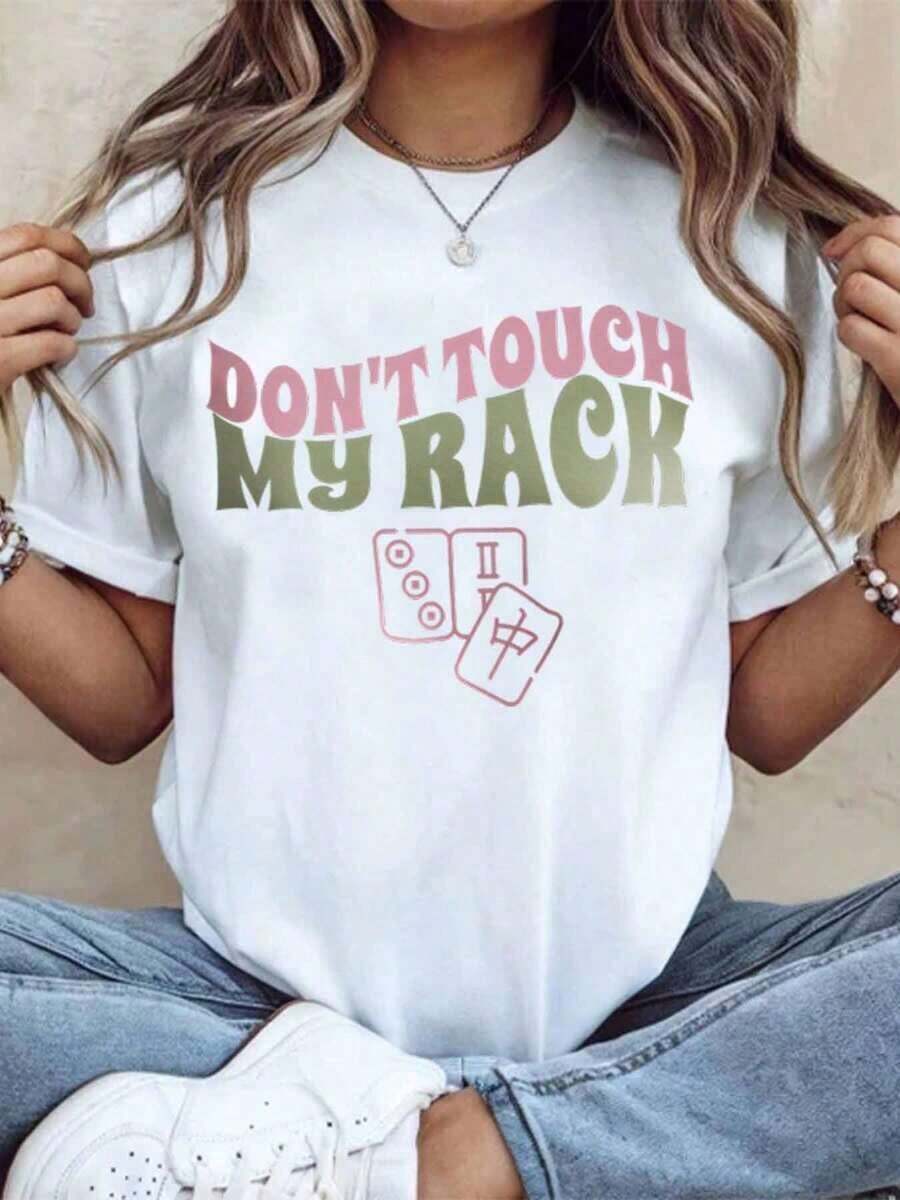 Suave Camiseta de Mahjong 'No Toques Mi Rack' para Mujer, Camiseta Gráfica Casual, Top Divertido para Amantes del Juego de Mahjong, Idea de Regalo para el Año Nuevo Chino y Festivales, 200g, blusa casual mujer, blusas para mujer, playeras de mujer algodón - Blanco - Ver 1