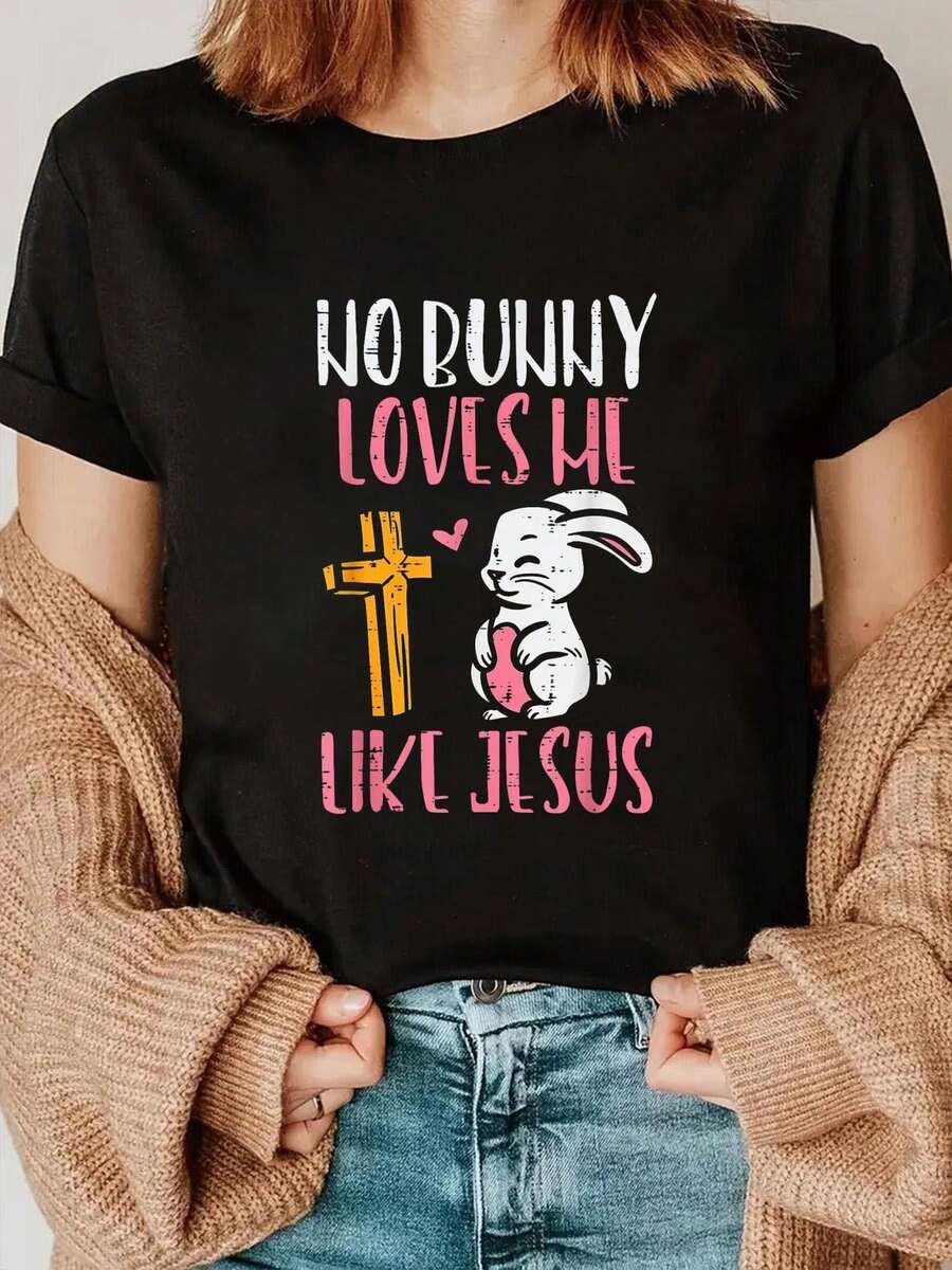 Camiseta Deportiva Casual para con Diseño de Conejo y Corazón en Texto Blanco, Rosa y Amarillo - Camiseta Elástica de Cuello Redondo, Lavable aáquina, Ajuste Cómodo y Perfecta para Todas las Estaciones, para Uso Diario. - Negro - Ver 1