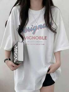 Camiseta de manga corta para mujer, cuello redondo, corte holgado, estampado de letras y dibujos animados, estilo japonés, primavera/verano, color blanco. - Blanco - Ver 4