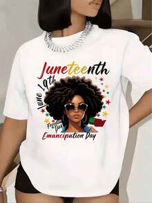 Camiseta de Mujer para Juneteenth, 19 de Junio, Día de la Libertad, Día de la Emancipación, con Estampado de Mujer Afro con Gafas de Sol y Bandera Americana, Manga Corta, Cuello Redondo, para Fiesta de Celebración de Juneteenth, Blusa Básica para Mujer, Blusa de Mujer, Camiseta Estilo Urbano, Camiseta Casual para Festivales y Uso Diario. - Blanco - Ver 6
