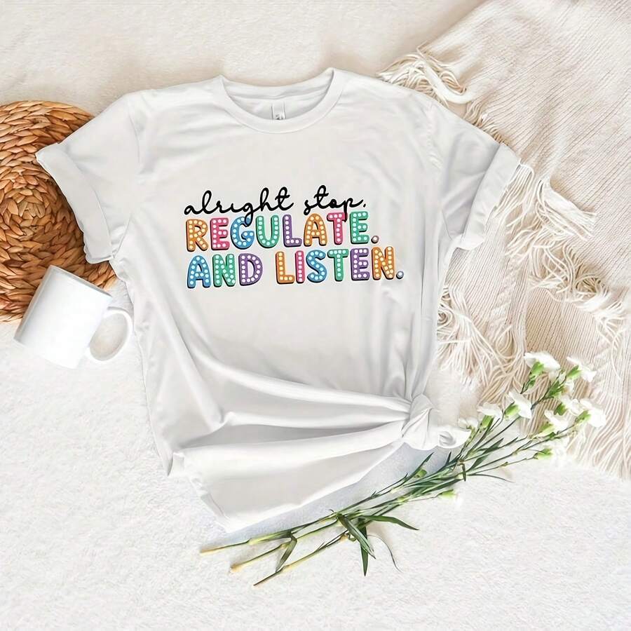 Regalo Para Consejero Escolar, Camia Alright Stop, Regulate And Listen, Camia De Regreso A La Escuela, Camia Inspiradora Para Maestros, Camia De Consejero Escolar749g High-Quality Pure Cotton T-Shir220G heavyweight 100% cotton T-shirt. with butterfly print pattern, suitable for girls and wo's short sved round neck inspirational shirt, cute aesthetic Y2K style summer top, suitable for outdoor, family, work or street wear casual loose daily T-shirt - Blanco - Ver 1