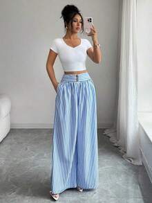 Pantalones anchos y sueltos con botones y rayas para mujer - Azul - Ver 4
