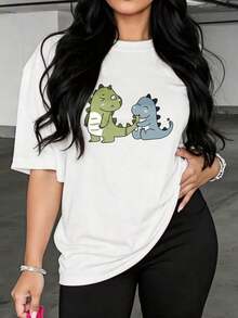 2026 Women's Shirts With Cute Dinosaurs Playfully Hugging, Breathable Blouses For Casual Women - 白色 - 查看 7