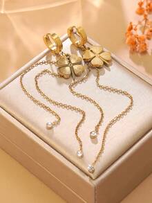 VceTd 1 Pair Elegant Style Stainless Steel Clover Tassel Earrings With Glass Decor, Suitable For Women To Wear At Banquets - Yellow Gold - View 5