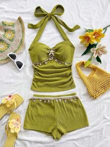 Conjunto de 2 piezas de top halter sin espalda y shorts, conjunto de ropa para vacaciones - Verde 2 - Ver 3