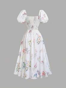 xheSweetra Vestido de verano estilo francés, vestido largo blanco de alta calidad y lujo con elegante estampado floral de magnolia ditsy para damasxhe - Multicolor 2 - Ver 2