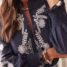 Camisa casual de vacaciones con bordado floral estampado y aplicación bordada acanalada blanca de primavera - Blanco - Ver 4