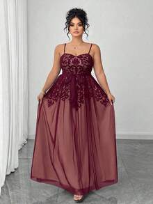 Vestido elegante de mujer talla grande con malla negra, forro nude y estampado de encaje, sofisticado y grácil, adecuado para volver al colegio, graduación, San Valentín, festival de música, Día de la Madre, Halloween, Acción de Gracias, Pascua, Baile de graduación, cita, temporada de bodas, salida al aire libre - Burdeos - Ver 4