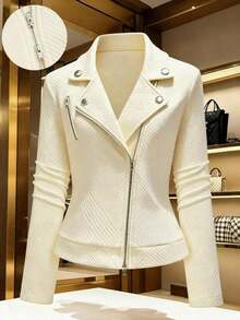 Chaqueta de motorista informal con cuello alto, textura y cierre de cremallera - Albaricoque - Ver 1