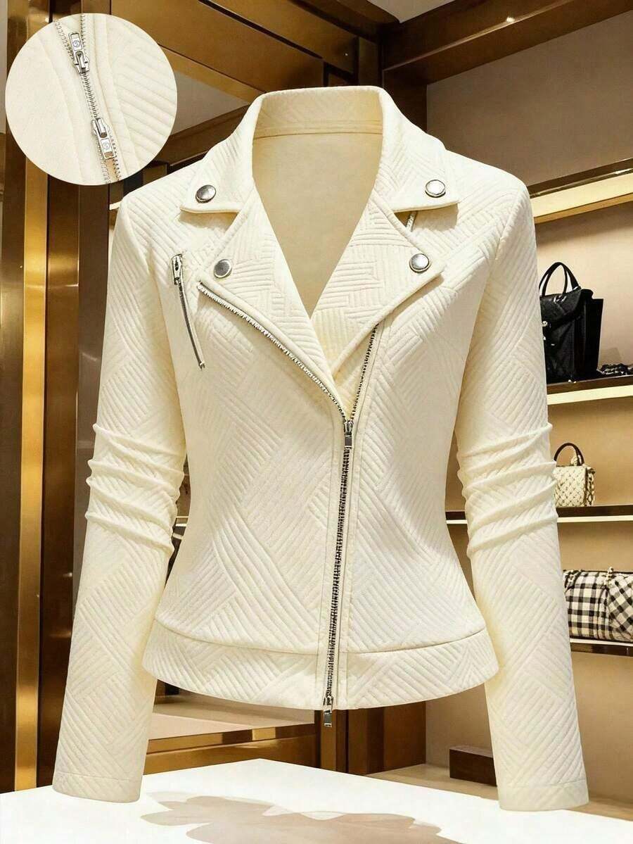 Chaqueta de motorista informal con cuello alto, textura y cierre de cremallera - Albaricoque - Ver 1
