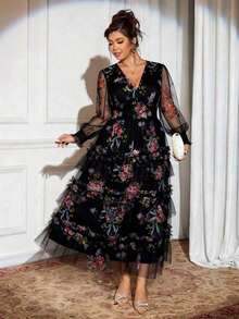 Auvina Nuevo vestido de malla con estampado floral, adecuado para fiesta de noche, cita, té de la tarde, cumpleaños, boda, vestido de cintura elástica, vestido casual de talla grande - Negro - Ver 5
