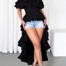 Blusa de hombros descubiertos de unicolor y minimalista con ribete de encaje, adecuada para uso diario, festivales de música, atuendos elegantes de verano, atuendos de vacaciones en color negro - Negro - Ver 1