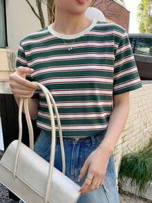 Camiseta de cuello redondo con estampado de rayas para Pascua - Verde 2 - Ver 6