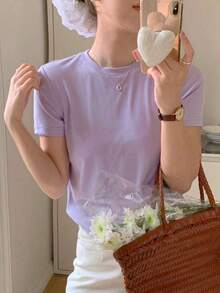 Camiseta de manga corta de cuello redondo de color liso para verano - Morado - Ver 10