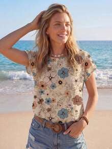Camisa casual de mujer con patrón floral retro y cuello redondo, adecuada para el verano y para salir, blusas elegantes para mujer, casual - Multicolor - Ver 1