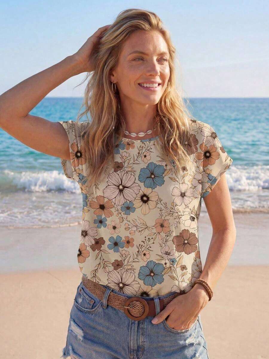 Camisa casual de mujer con patrón floral retro y cuello redondo, adecuada para el verano y para salir, blusas elegantes para mujer, casual - Multicolor - Ver 1