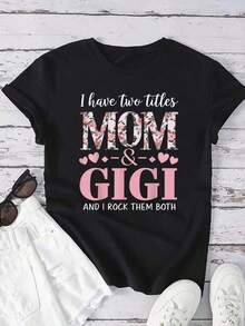 Camisetas de algodón, camiseta con estampado "Abuela, tengo dos títulos: mamá y abuela", camiseta de manga corta con cuello redondo para mujer, camisetas gráficas de moda para mujer, transpirable y cómoda. - Negro - Ver 6