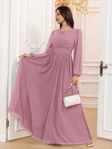 Vestido de dama de honor formal de gasa de manga larga hasta el suelo con corte evasé, color borgoña elegante, vestido de invitada de boda, mangas sin forro, primavera - Malva polvoriento - Ver 3