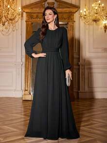 Vestido de dama de honor de manga linterna de unicolor elegante y extra largo - Negro - Ver 1
