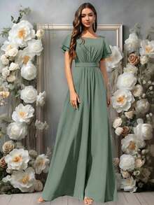 Vestido de dama de honor de gasa con volantes y mangas cortas con volantes, cuello de barco, estilo elegante para boda, color eucalipto - eucalipto - Ver 7