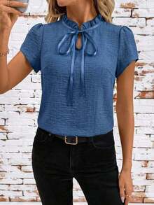 Camisa de mujer de manga corta, con lazo, volantes, a cuadros, elegante y casual para vacaciones y picnic, primavera/verano - Azul - Ver 7