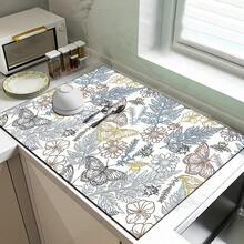 1 pieza Alfombrilla absorbente para secar platos con estampado de mariposa y flores, alfombrilla absorbente para encimera de máquina de espresso, alfombrilla absorbente para fregadero, alfombrilla absorbente suave para grifos, alfombrilla absorbente para tazas de fregadero, accesorios para el hogar y la cocina, accesorios de baño - Multicolor - Ver 5