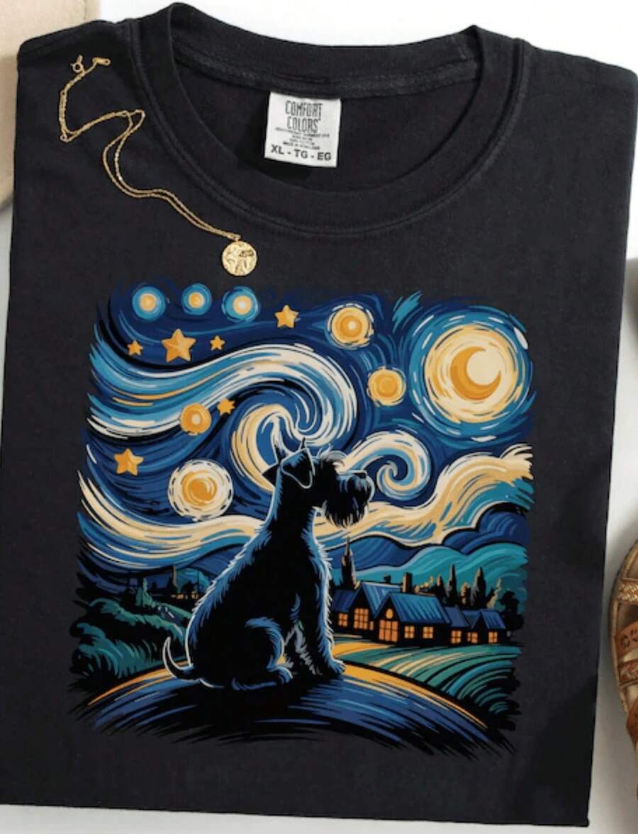 1 Van Gogh Miniature Schnauzer T-Shirt, Starry Night Design Dog T-Shirt, Funny T-Shirt For Schnauzer Lovers, Artistic Pet Gift, Unique Dog Lover T-Shirt, 180g 100% Cotton. - 黑色 3 - 查看 1