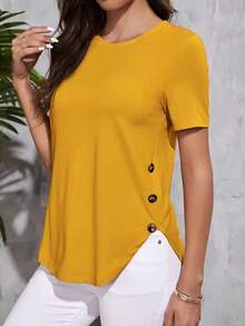 Camiseta con diseño de botón bajo curvo - Mostaza Amarilla - Ver 5